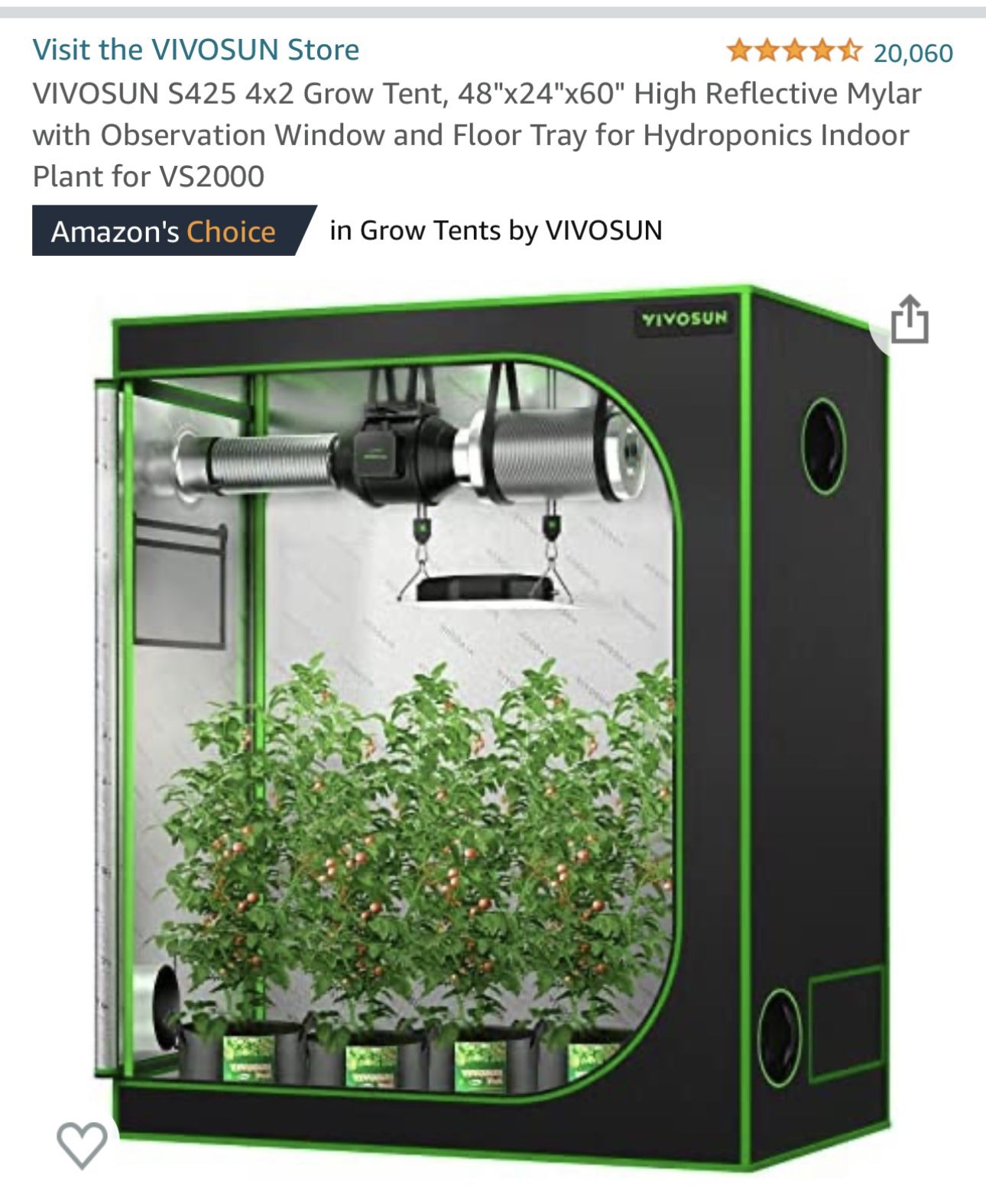 VIVOSUN 4x2 Grow Tent, 48"x24"×60" High Reflective Mylar with Observation Window and Floor Tray for Hydroponics Indoor Plant