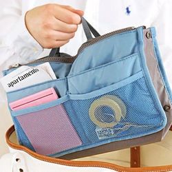 Blue Nylon Handbag Organizer Travel Insert -Multiple Zippers & Pockets w/ Straps