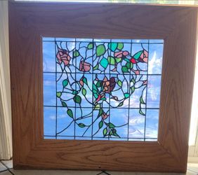 Beautiful Hummingbird Stained Glass with Custom Sokid Oak Frame 31"x28"
