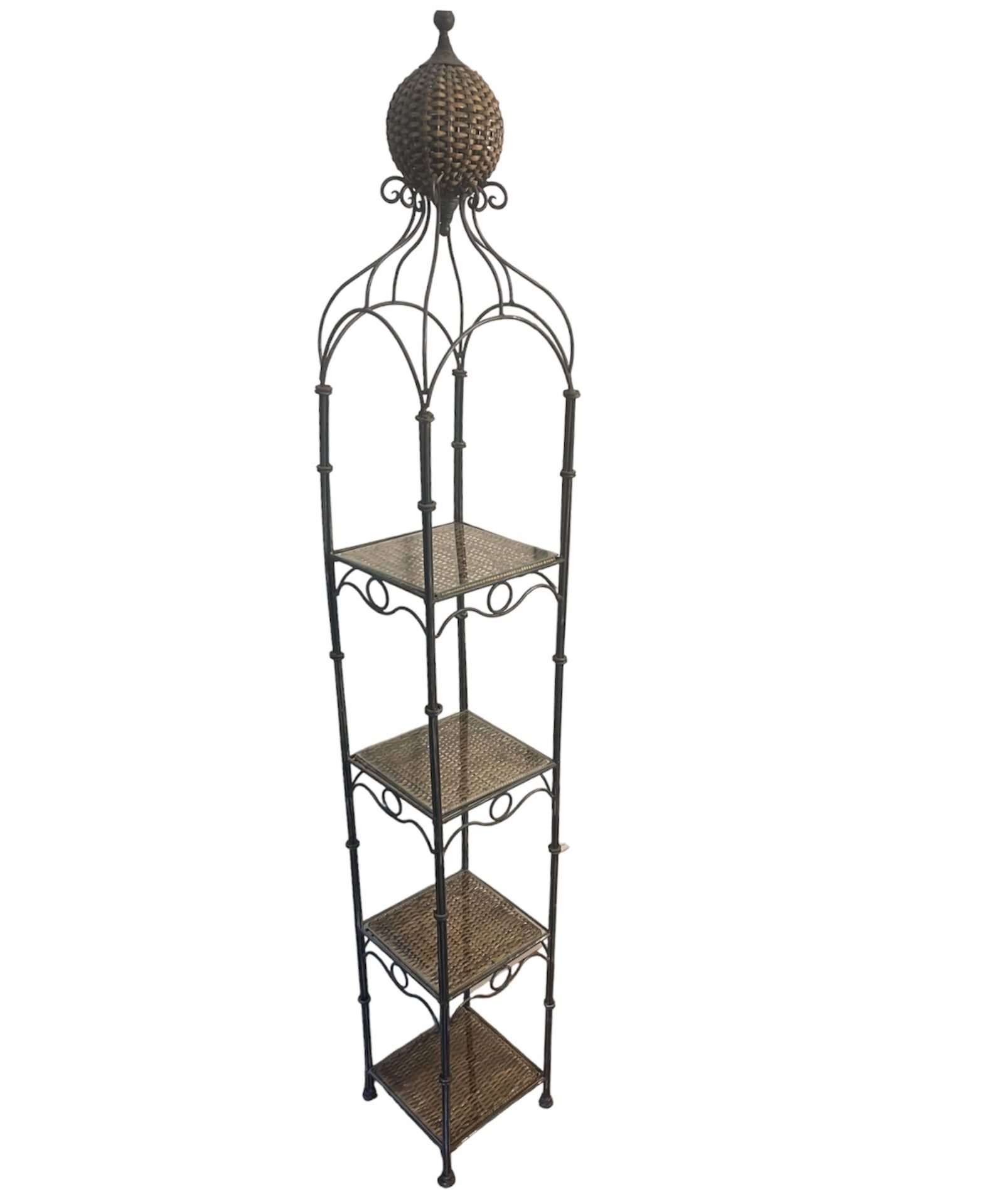 7 Ft Shelving Unit Corner Etagere Plant Shelves Wrought Iron Metal Wicker & Glass Vintage