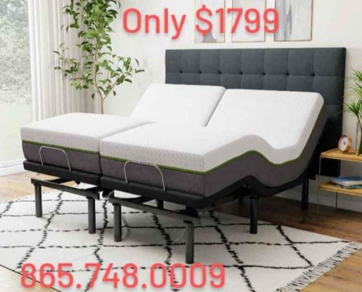 Brand New Split King adjustable Base With 2 New Luxury Twnxl Mattresses Head Massage In Unit