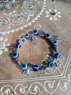 Blue Evil Eye Charm Bracelet with Silver Butterflies Made In Mexico