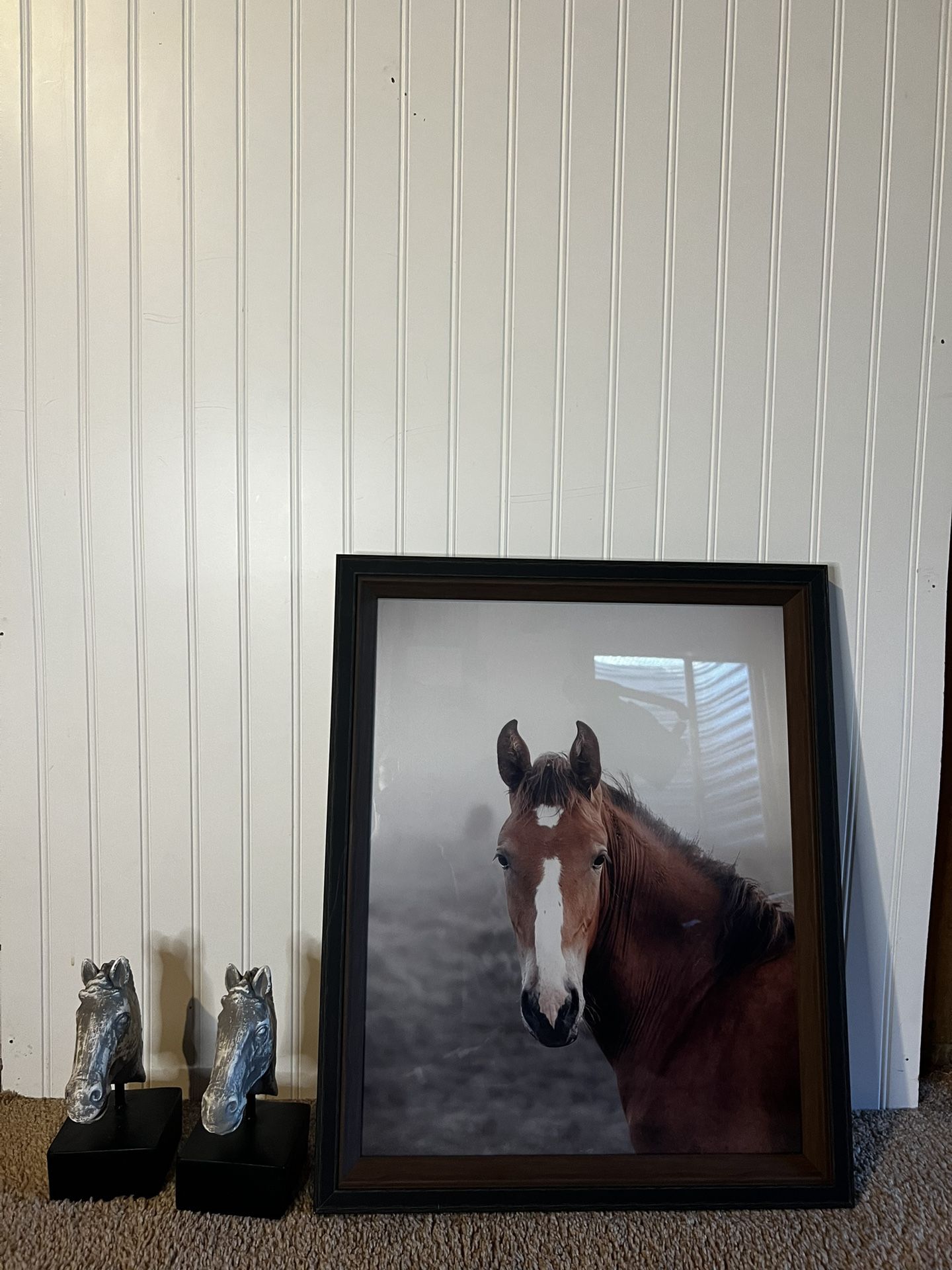 Horse Head Bookends And Framed Horse Portrait