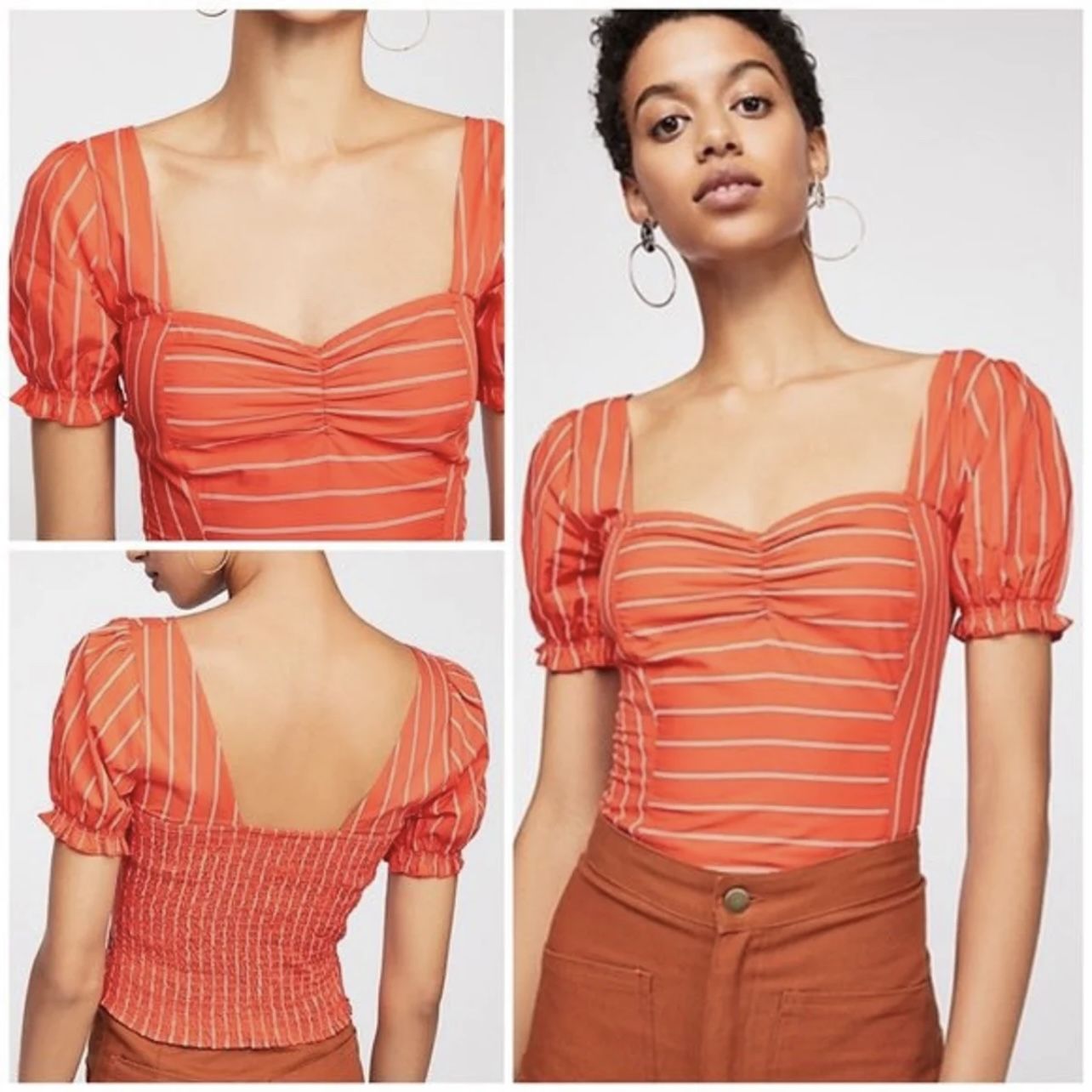 FREE PEOPLE Red Orange Striped Rose Garden Poplin Top