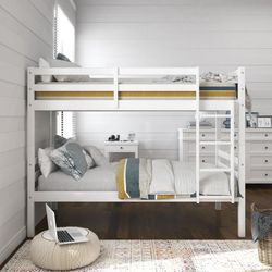Campbell Wood Twin over Twin Convertible Bunk Bed, White In The Box 
