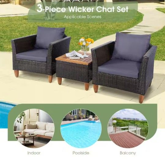 3-Piece Wicker Patio Conversation Set with Gray Cushions