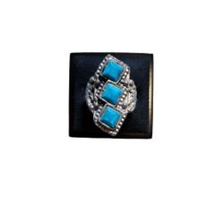 Size 7 Vintage Silver Toned Adjustable Turquoise Three Stoned Ring