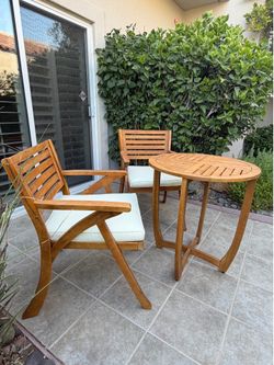 Teak Wood Patio Bistro Set w/ Cushions  |  Table + 2 Chairs