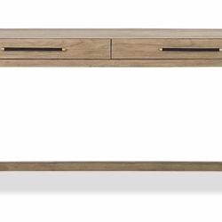 Kathy Kuo Bart Rustic Lodge Beach Brown Teak Wood 2 Drawer Desk, Brand New, Perfect Condition