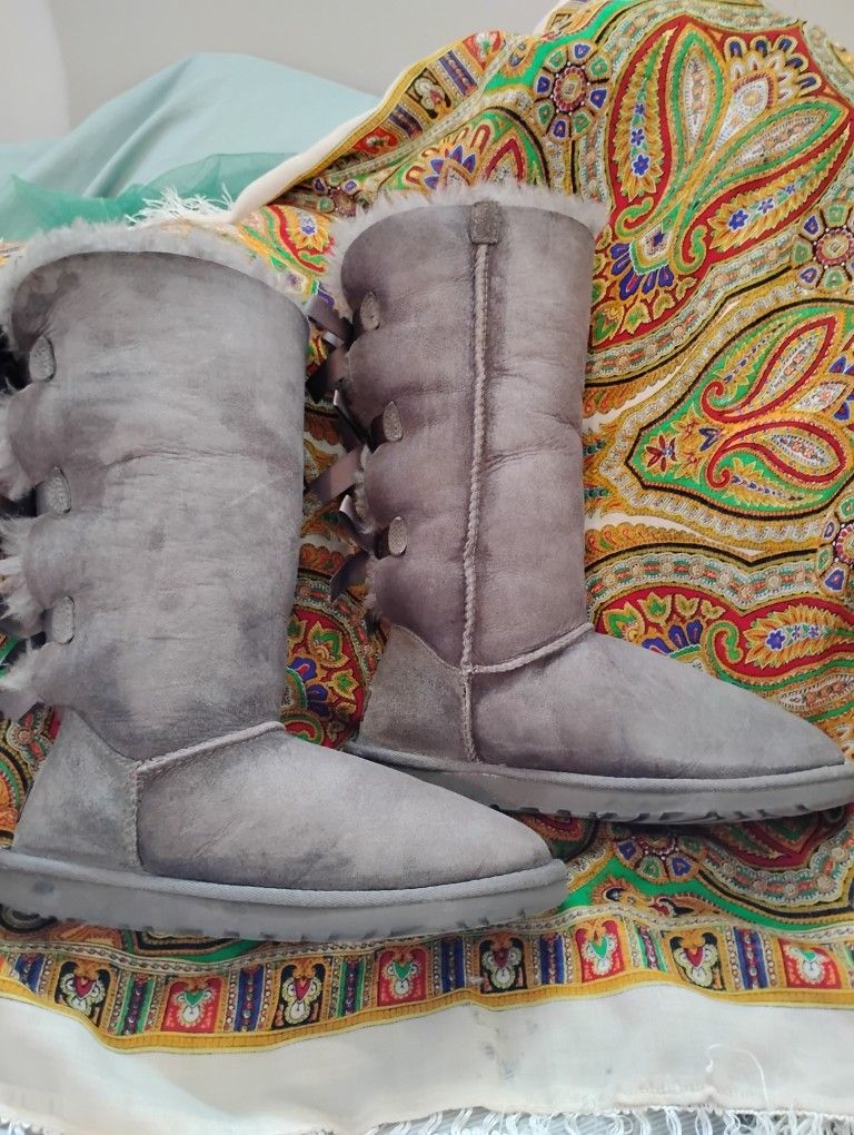 UGG Tall Boots BAILEY BOW II GRAY Triple Satin Bows