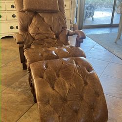 Classic Brown Leather Chaise Lounge and Ottoman 