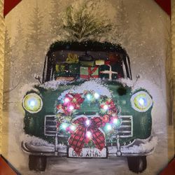 Brand New Classic Car Canvas Wreath Light Up Painting Christmas Lights Wreath Art Large 16” X 19” Inches Wall Decor $10 !!!ACCEPTING OFFERS!!!