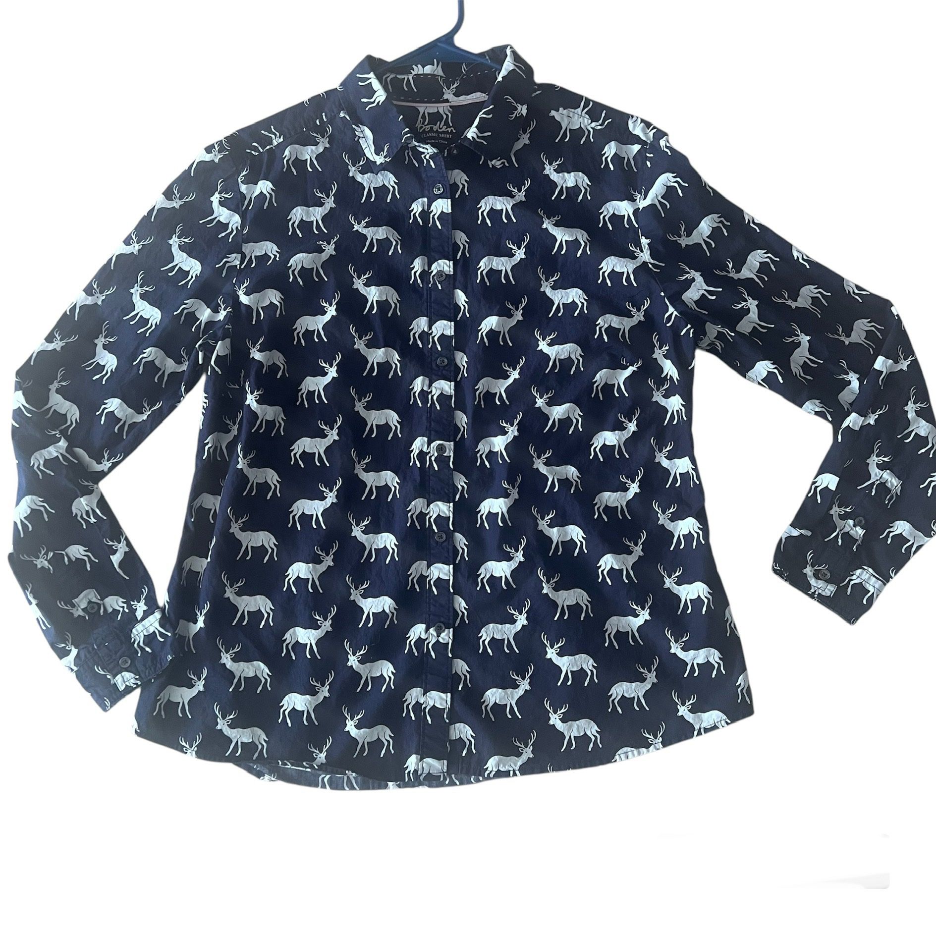 Boden Women’s The Classic Shirt Size 12R Deer Print Long Sleeve Navy Button Up