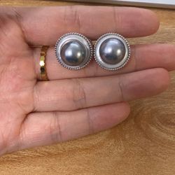 Natural Seawater Tahitian Platinum Grey 11-12mm Stud Earrings, 925 Silver