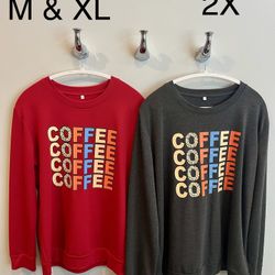 Women’s Graphic COFFEE Lightweight Tunic Sweatshirts in multiple sizes, NEW, $20 ea