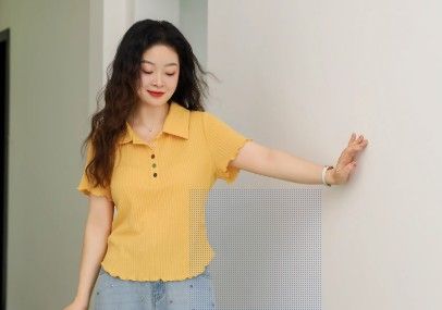 DM100 Large-size 100% Women's Summer Slim-Fitting Polo-neck T-Shirt with Textured Short Sleeve Knitted Top for Plus-Sized Women