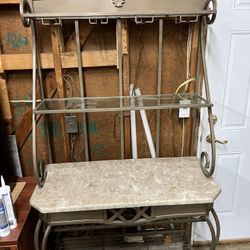 Vintage Shelf Stand Desk With Stone Table Surface And Glass Shelves 