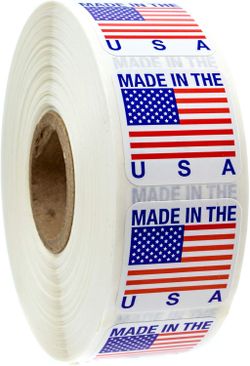 1" x 1" Made in The USA Stickers / 1000 American Made Manufacturer Labels Roll/Square Small Business USA Patriotic Packaging Label/Made in America - B