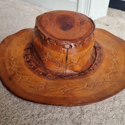 Vintage Mexican Embossed Handmade Hand-Tooled "RUBY" Brown Leather Hat SZ Medium