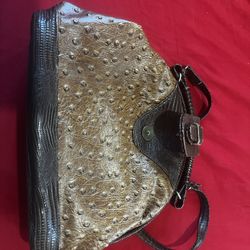 Brown crocodile skin leather bag with silver hardware