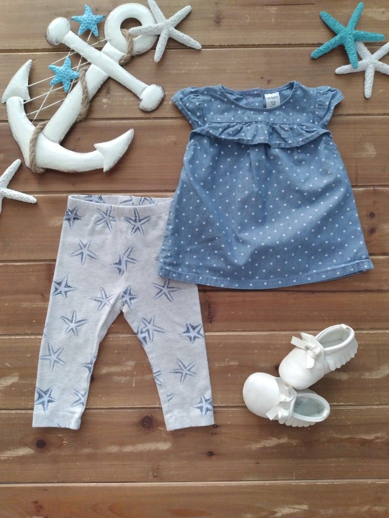 12-18MOS 2-PIECE OUTFIT LIGHT BLUE CHAMBRAY POLKA-DOT TUNIC W/STARFISH LEGGINGS 