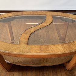 Beautiful Wood and Beveled Glass Oval Coffee Table - 61x31x19
