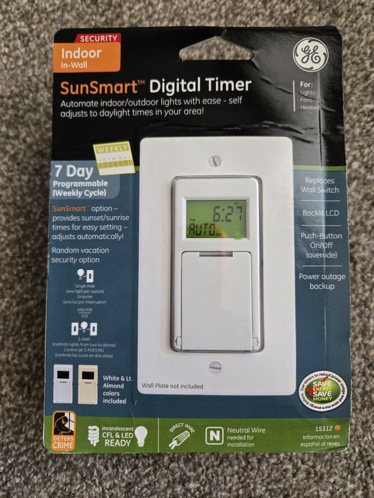 Two GE Indoor In-wall SunSmart Digital Timer Switches
