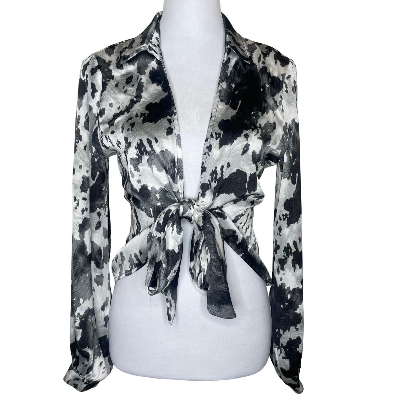 Blue B Collection Mettalic Open Front Collared Tie Long Sleeve Blouse Event Sz S