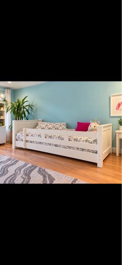 White Twin bed frame with headboards and rail and twin mattress