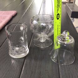 Vintage Lot of Etched Glass Creamer & Shrimp Cocktail Glass Crouch Grapes Designs Cambridge(?)