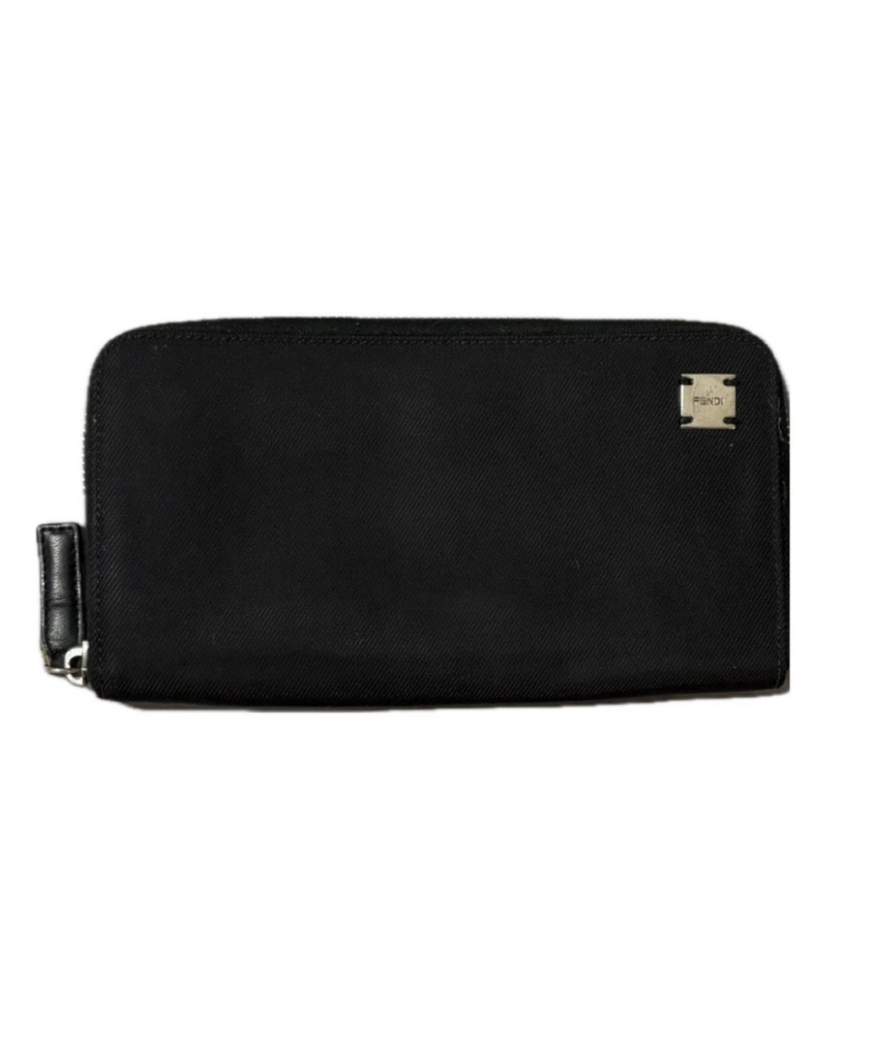 Fendi Canvas/leather zip around black, long wallet with silver Fendi emblem