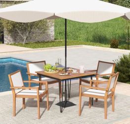 Kadehome Natural Brown Acacia Wood Frame Stackable Outdoor Dining Chair with White Fabric Backrest and Seat Set of 4