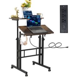 Mobile Standing Desk with Charging Station, Adjustable Standing Computer Desk, Standing Adjustable Laptop Cart with Wheels for Home Office Classroom R