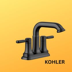 New, Kohler Ealing Matte Black,2-Handle, 4-inch Centerset WaterSense Mid-Arc Bathroom Sink Faucet with Drain, K-R33043-4D-BL