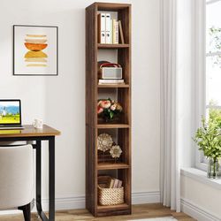 New 5-Tier Wood Bookcase, Tall Corner Bookshelf Narrow Display Shelf