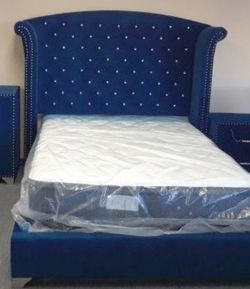 King Blue Velvet Bed Frame