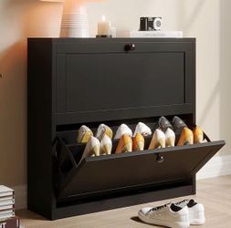 Black Shoe Cabinet - 2 Flip-Out Drawers