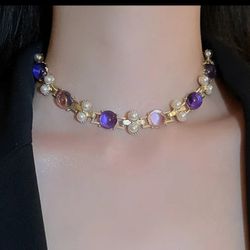 Gold with purple stones retro style women's necklace choker gift
