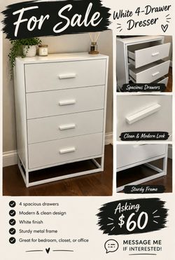 White 4-Drawer Dresser with Metal Frame