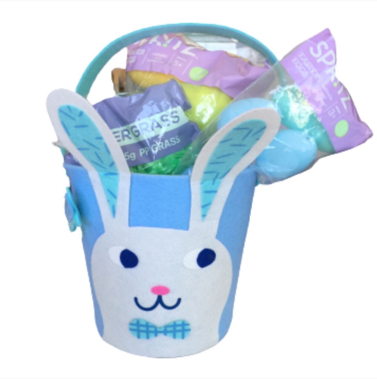 (NWT) Super Cute Blue Bunny Easter Basket with Two Packages of Easter Eggs and Easter Grass