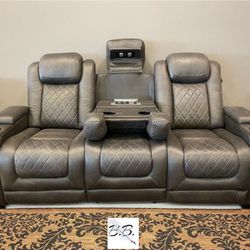 Brand New Living Room| Ashley Gray Leather Power Reclining Sofa Couch| Power Reclining Loveseat And Recliner Chair Available| Black, White, Brown Opt