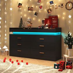 6 Drawer Dresser with LED Light and Charging Station, Modern Chest of Drawers for Closet, Wide Drawer Organizer Cabinet for Bedroom, Living Room, Entr