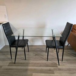 Glass Dining Table With 2 Leather Chairs