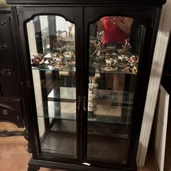 Antique Dark Solid Wood Glass Display Cabinet - $350
