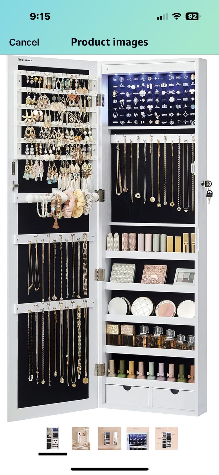 6 LEDs Mirror Jewelry Cabinet, 47.2-Inch Tall Lockable Wall or Door Mounted Jewelry Armoire Organizer with Mirror, 2 Drawers, 3.9 x 14.6 x 47.2 Inches