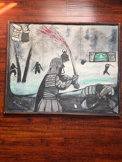 Framed Samurai Warrior Battle Scene Illustration Painting on Canvas 45" x 37”