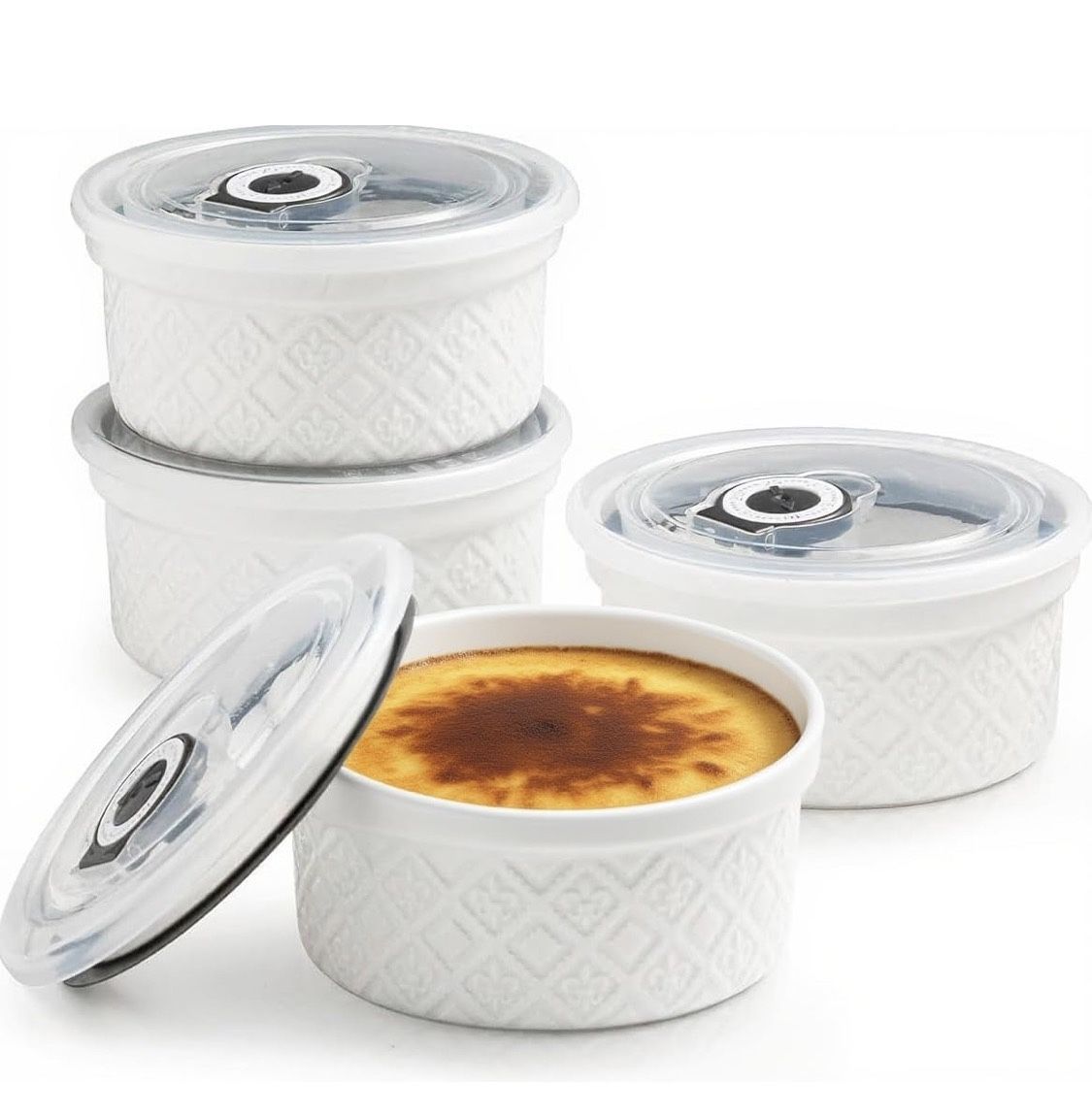 12 oz Ramekin Oven Safe, Creme Brulee Ramekins with Lids, Small White Ceramic Ramekin, Mini Baking Bowls with Cover Set of 4, Ramekins Assorted Sizes