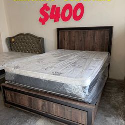 Queen size bed frame with mattress and box spring included