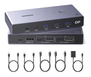 UGREEN Displayport KVM Switch 2 in 1 Out, 8K@60Hz, Aluminum, 4 USB3.0 Ports 4K@240Hz, Sharing 1 Monitor Keyboard Mouse U-Disk Printer Webcam, with 2 D