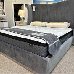 NEW IN BOX- 66"H Grey King &Queen Size Tufted Platform Bed Frame FINANCE $54 Down👑